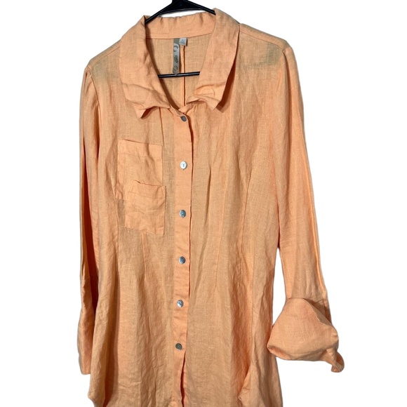 Comfy USA Peach Linen Longsleeve Collared Buttonup Bubble Hem Tunic Dress Large - Picture 2 of 8